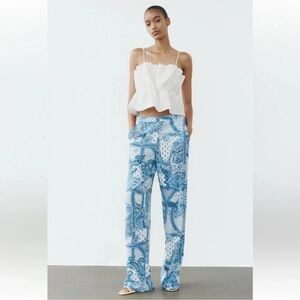 ZARA PAISLEY PRINT BLUE WHITE WIDE LEG PANTS